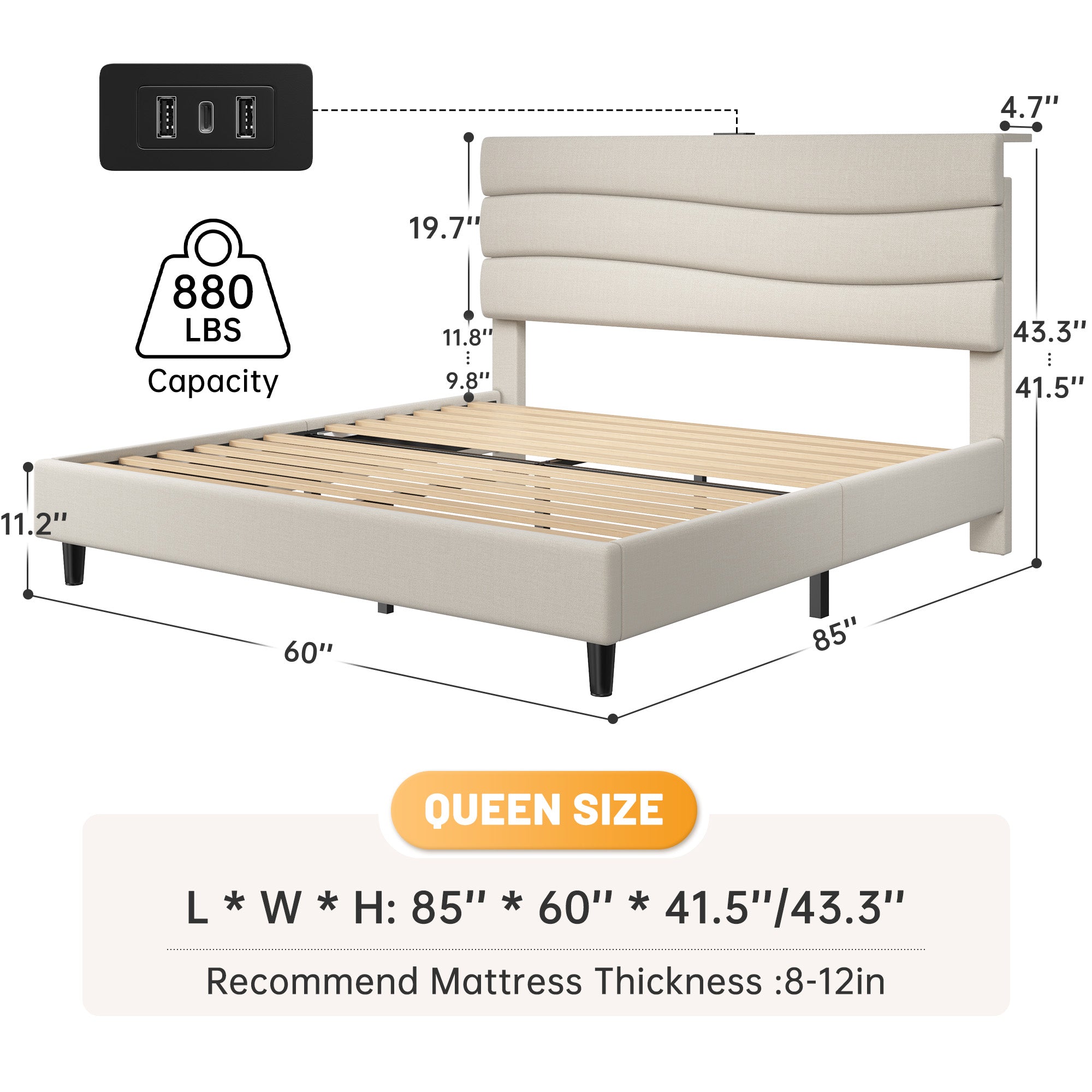 SnHomee Upholstered Bed Frame with Storage Headboard & Charging Station - USB Ports, Adjustable Fabric Headboard, Noise-Free Design, No Box Spring Needed, Back to School Beds On Sale