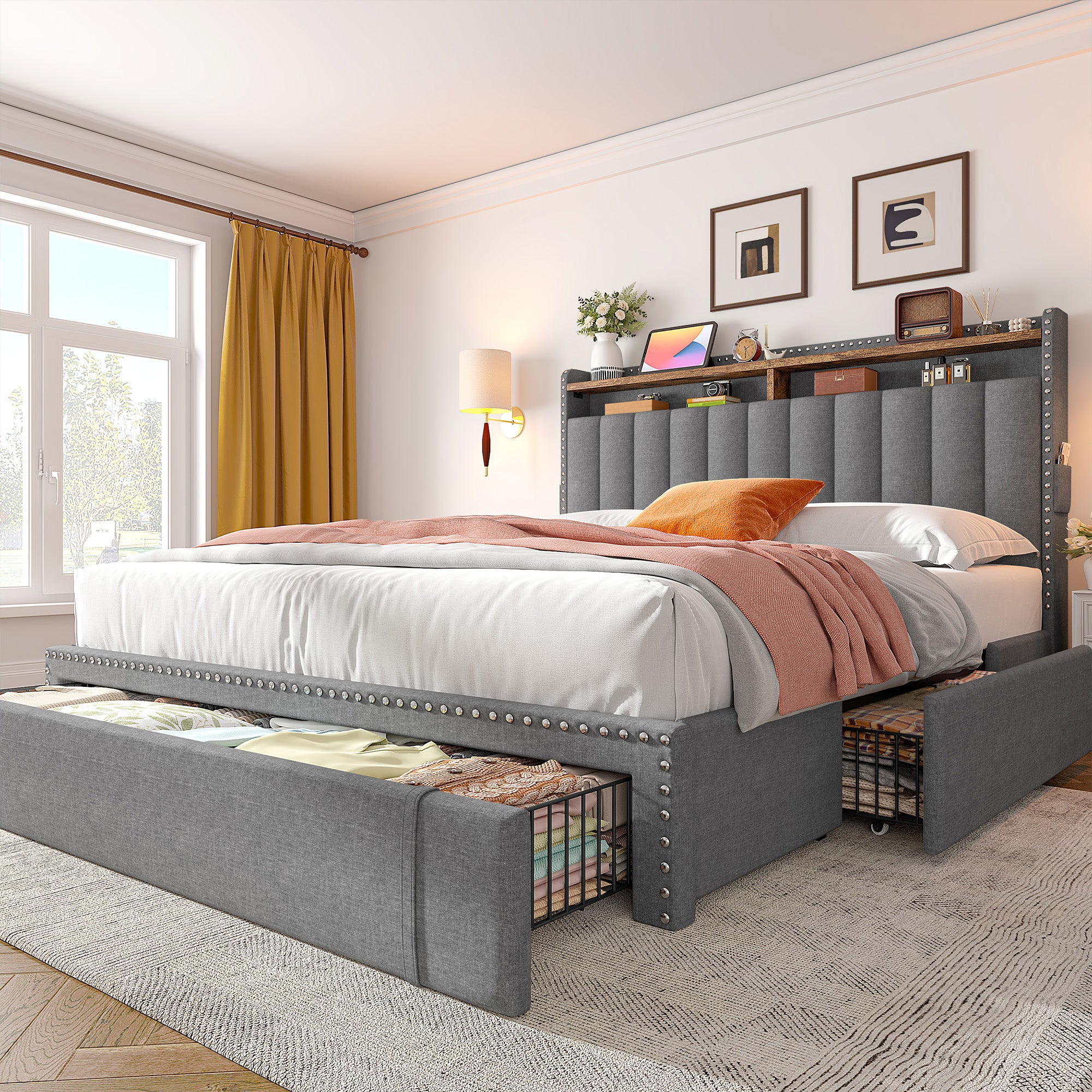 Snhomee Heavy Duty Platform Bed Frame with Storage Drawers - Silent 1200LB Capacity, No Box Spring Needed, Upholstered Headboard