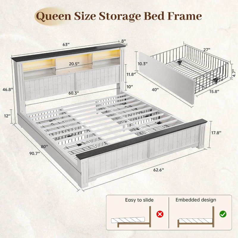 Snhomee Storage Bed Frame with4 Underbed Drawers，Platform Bed with Charging Station &  LED Headboard, No Box Spring Needed For Bedroom