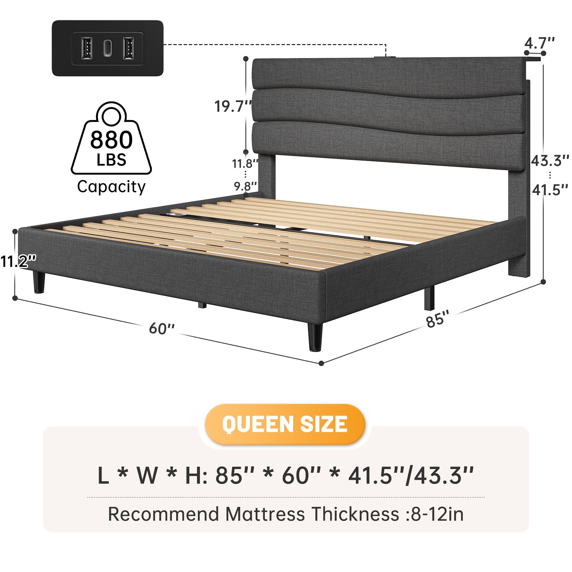 SnHomee Upholstered Bed Frame with Storage Headboard & Charging Station - USB Ports, Adjustable Fabric Headboard, Noise-Free Design, No Box Spring Needed, Back to School Beds On Sale