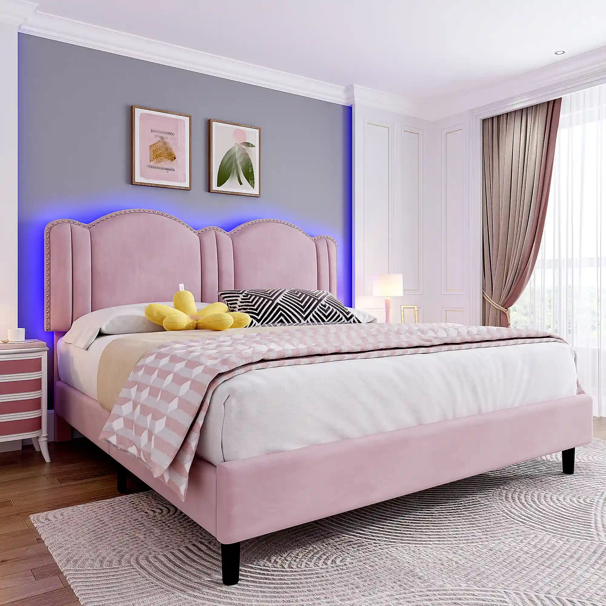 900 LBS Bed Frame with Headboard&LED Lights,Adjustable Cute Cloud Headboard,Noise Free&Easy Assembly