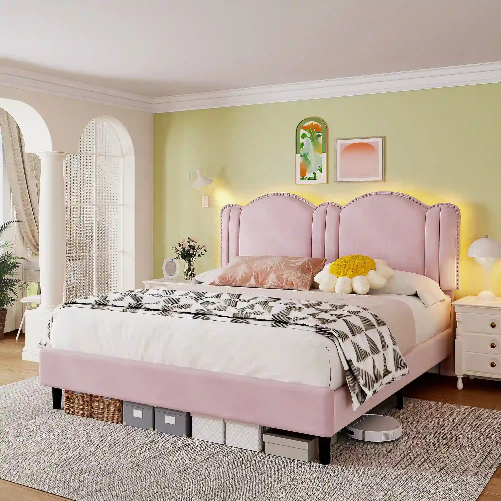 900 LBS Bed Frame with Headboard&LED Lights,Adjustable Cute Cloud Headboard,Noise Free&Easy Assembly