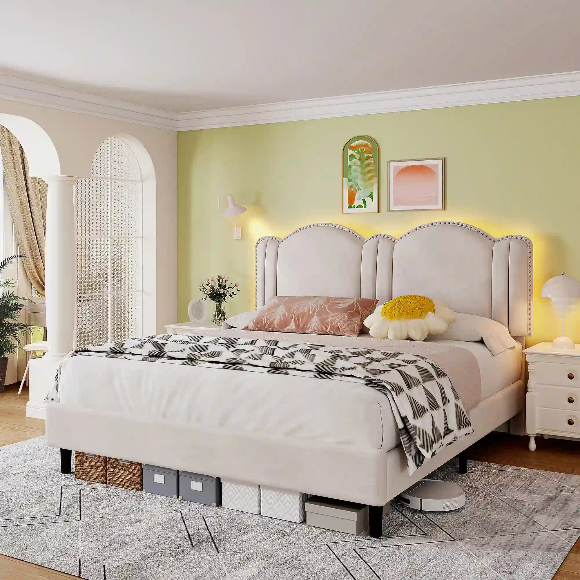 900 LBS Bed Frame with Headboard&LED Lights,Adjustable Cute Cloud Headboard,Noise Free&Easy Assembly