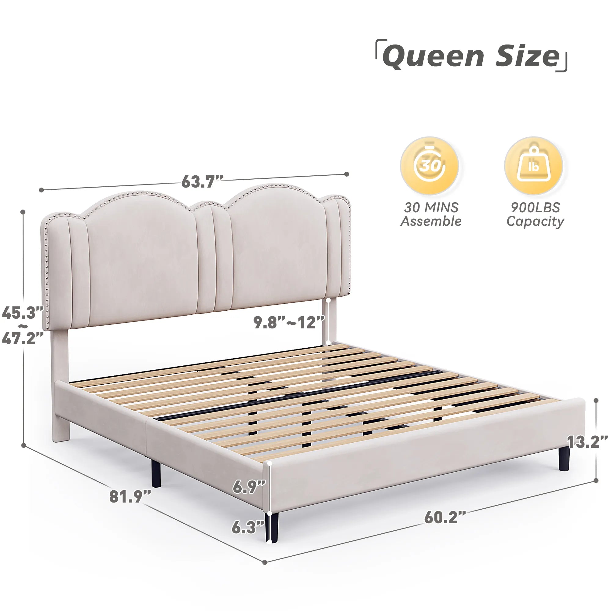 900 LBS Bed Frame with Headboard&LED Lights,Adjustable Cute Cloud Headboard,Noise Free&Easy Assembly