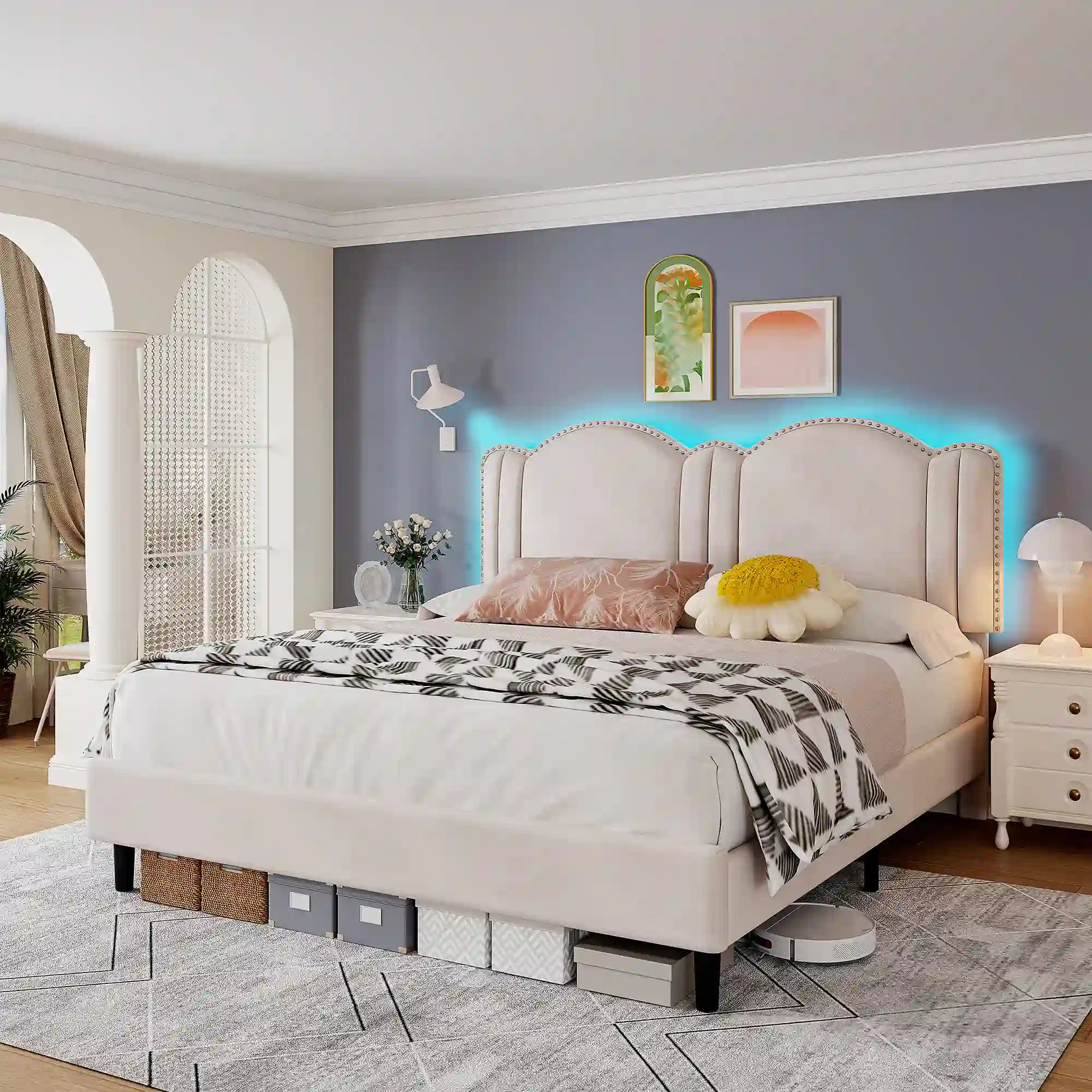 900 LBS Bed Frame with Headboard&LED Lights,Adjustable Cute Cloud Headboard,Noise Free&Easy Assembly