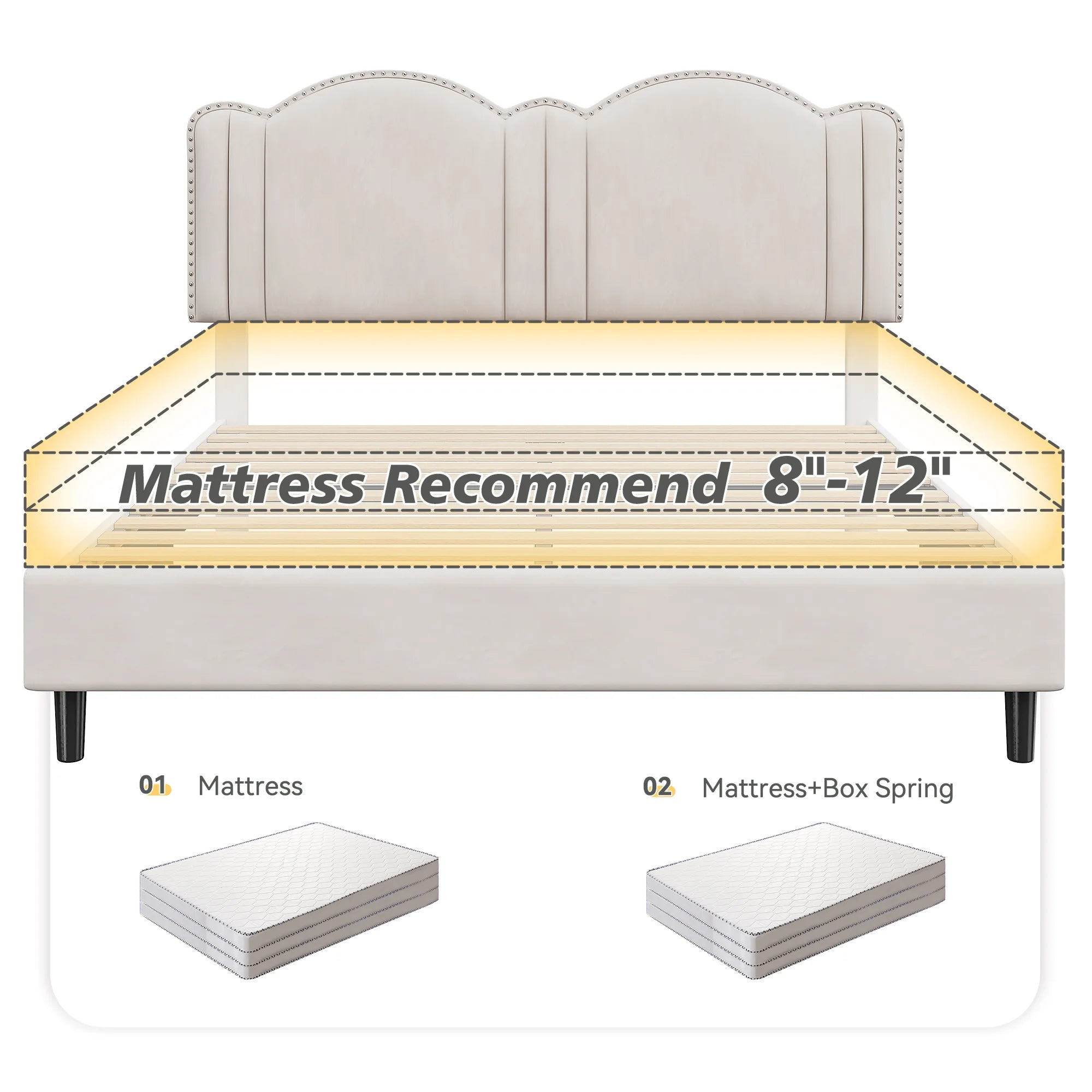 900 LBS Bed Frame with Headboard&LED Lights,Adjustable Cute Cloud Headboard,Noise Free&Easy Assembly