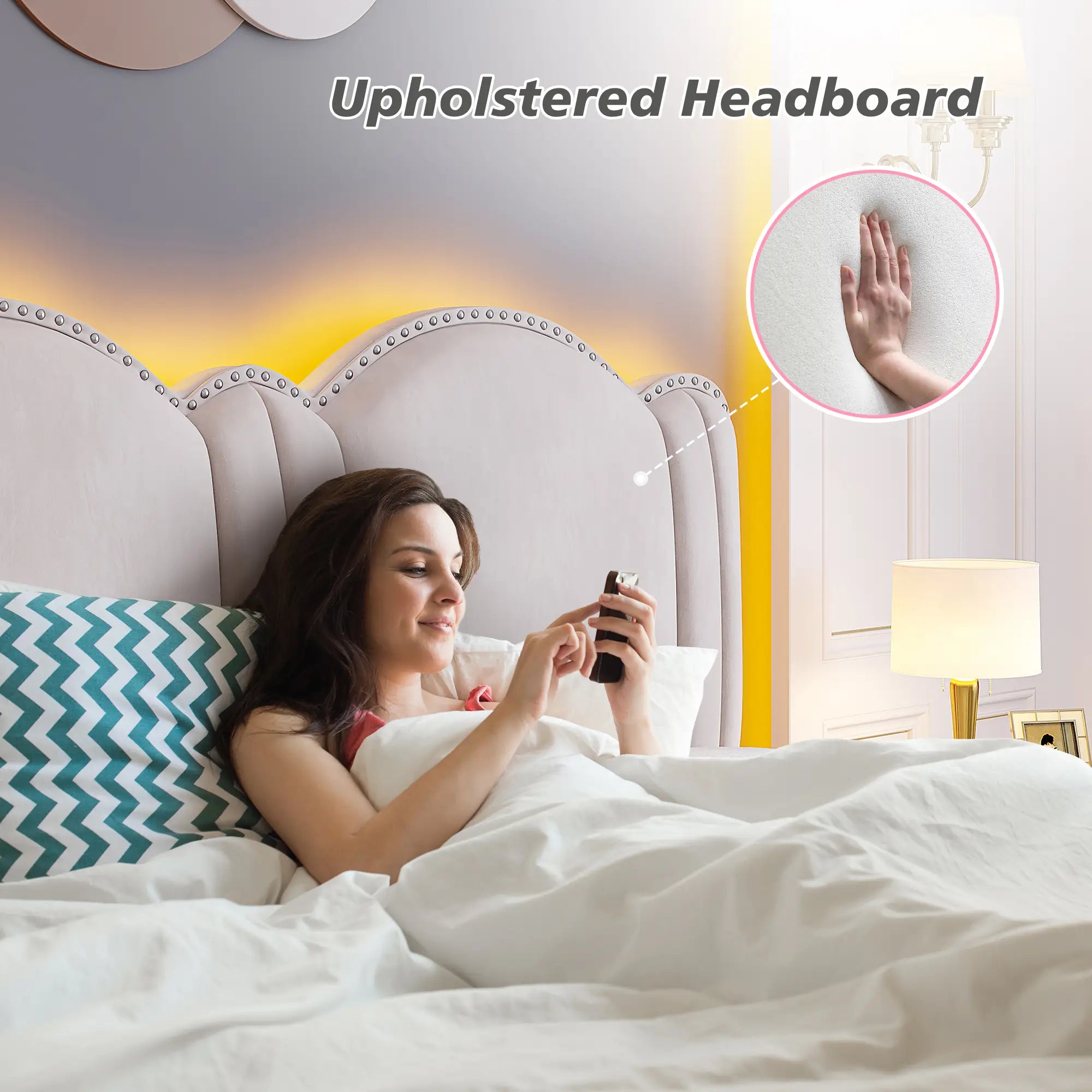 900 LBS Bed Frame with Headboard&LED Lights,Adjustable Cute Cloud Headboard,Noise Free&Easy Assembly