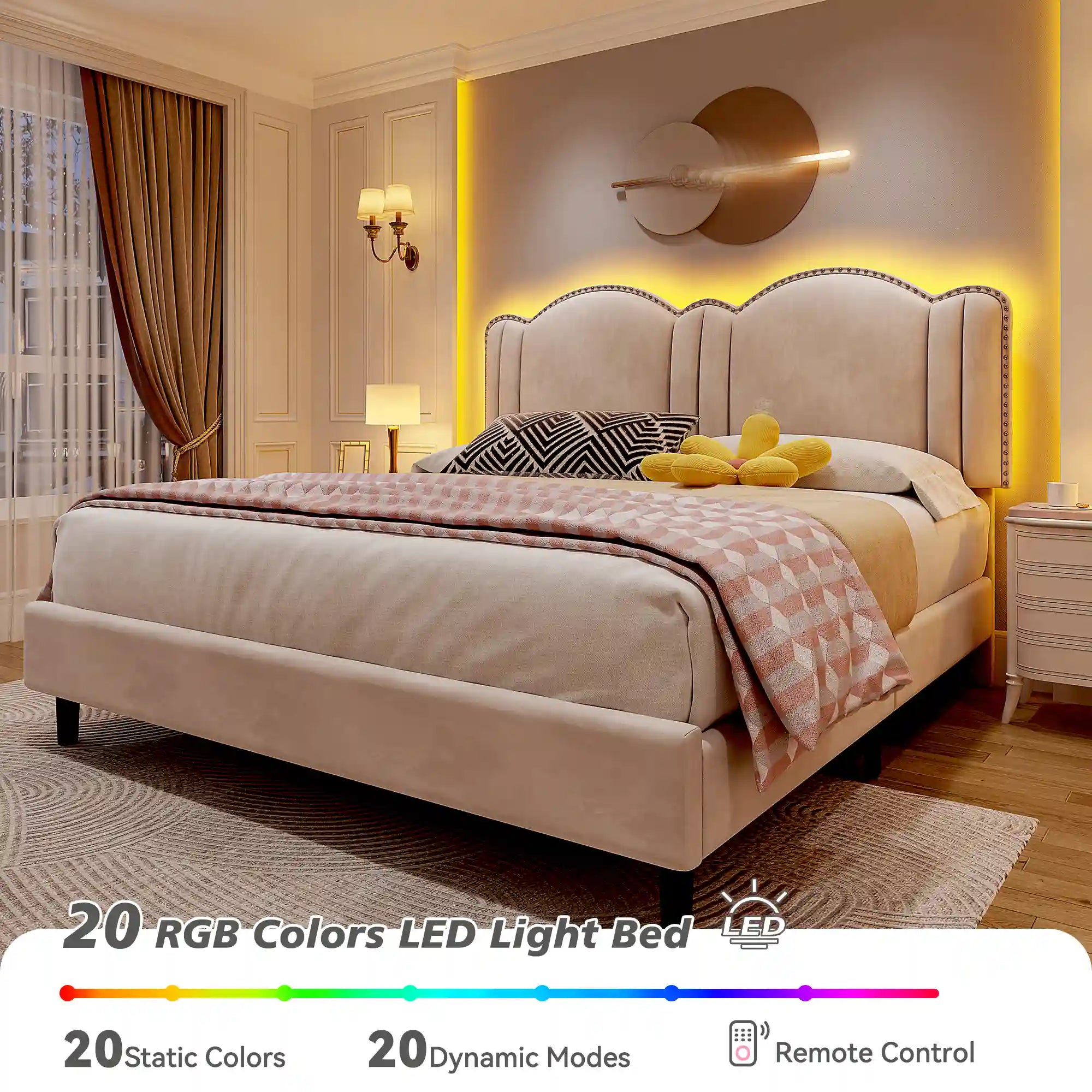900 LBS Bed Frame with Headboard&LED Lights,Adjustable Cute Cloud Headboard,Noise Free&Easy Assembly