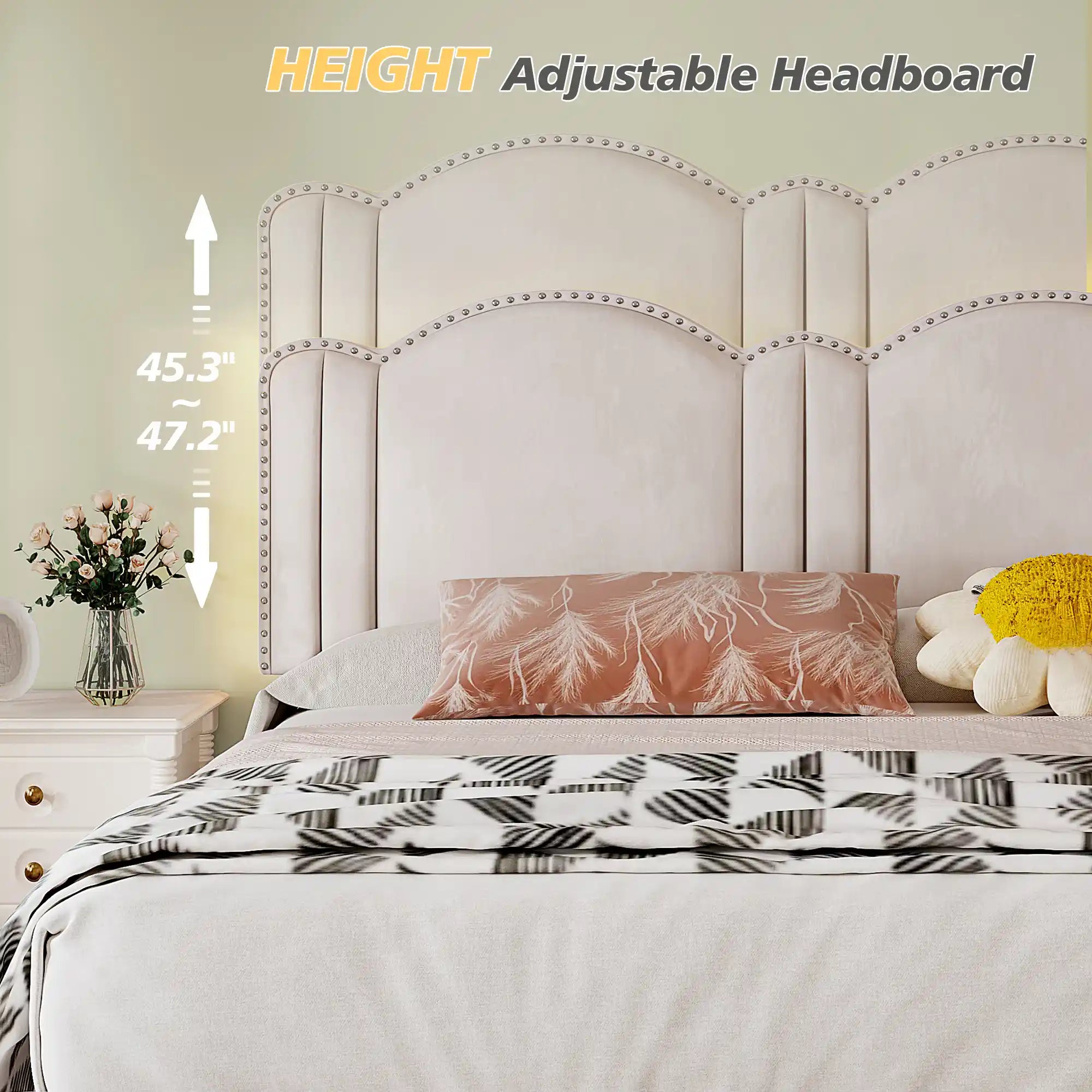 900 LBS Bed Frame with Headboard&LED Lights,Adjustable Cute Cloud Headboard,Noise Free&Easy Assembly