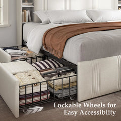 Snhomee Upholstered Bed Frame with Storage Headboard & 4 Drawers, LED & Charging Station, 1200 lbs, Noise-Free, No Box Spring Needed