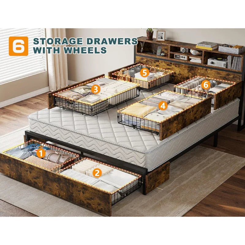 Metal Bed Frame with 6 Storage Drawers Headboards with Charging Station, Full/Queen-Bed Frame-Queen Size-snhomee