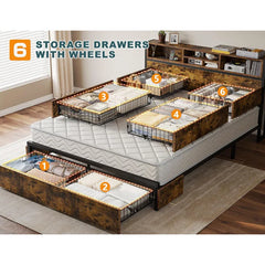 Metal Bed Frame with 6 Storage Drawers Headboards with Charging Station, Full/Queen-Bed Frame-Queen Size-snhomee