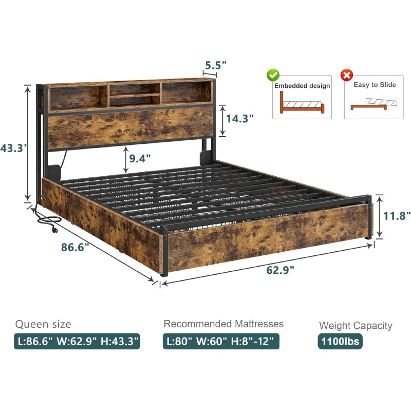 Metal Bed Frame with 6 Storage Drawers Headboards with Charging Station, Full/Queen-Bed Frame-Queen Size-snhomee