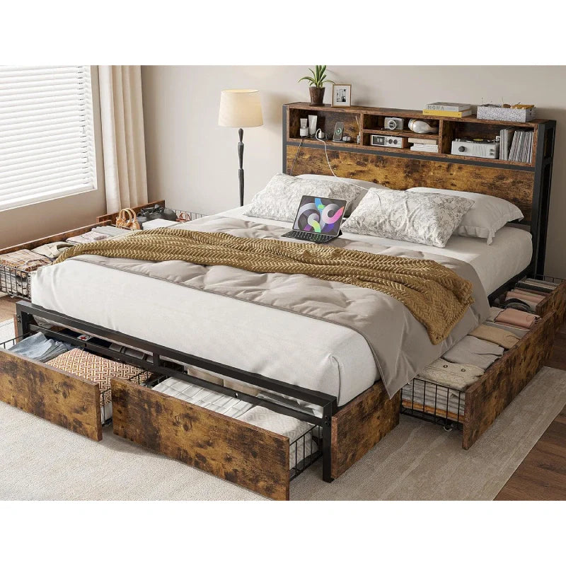 Metal Bed Frame with 6 Storage Drawers Headboards with Charging Station, Full/Queen-Bed Frame-Queen Size-snhomee