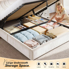 Snhomee Queen Velvet Lift Up Hydraulic Storage Bed Frame with LED Lights & Charging Station, Upholstered Headboard, 880 lbs Heavy-Duty,Noise-Free Platform Bed
