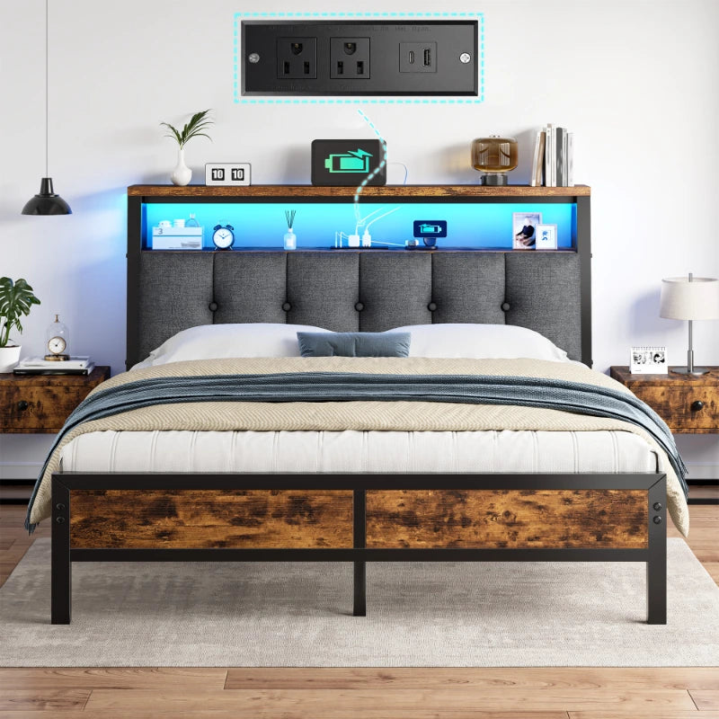 Snhomee Bed Frame with 2-Tier Storage Shelves, Charging Station and LED Lights, 12" Under Bed Storage, Noise Free, No Box Spring Needed