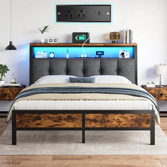 Snhomee Bed Frame with 2-Tier Storage Shelves, Charging Station and LED Lights, 12" Under Bed Storage, Noise Free, No Box Spring Needed