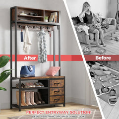 Snhomee Hall Tree Coat Rack Freestanding with Bench&Shoe Storage,with 12 Hooks for Entryway