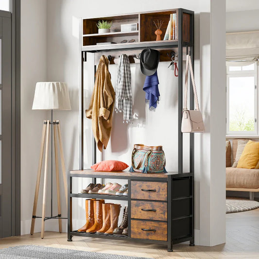 Snhomee Hall Tree Coat Rack Freestanding with Bench&Shoe Storage,with 12 Hooks for Entryway