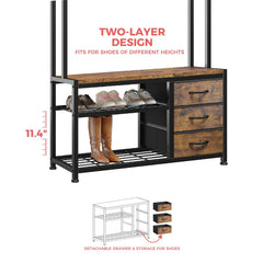 Snhomee Hall Tree Coat Rack Freestanding with Bench&Shoe Storage,with 12 Hooks for Entryway