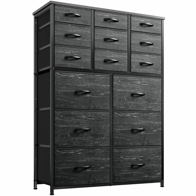 Dresser for Bedroom with 15 Drawers, Sturdy Metal Frame & Wood Top, Top Large Fabric Chest of Drawers, Closet, Livingroom-Furniture > Dresser-37.8"W x 11.8"D x 52.4"H-Black-snhomee