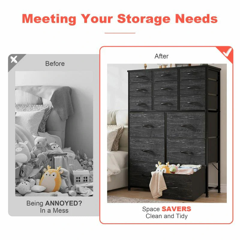 Dresser for Bedroom with 15 Drawers, Sturdy Metal Frame & Wood Top, Top Large Fabric Chest of Drawers, Closet, Livingroom-Furniture > Dresser-37.8"W x 11.8"D x 52.4"H-Black-snhomee