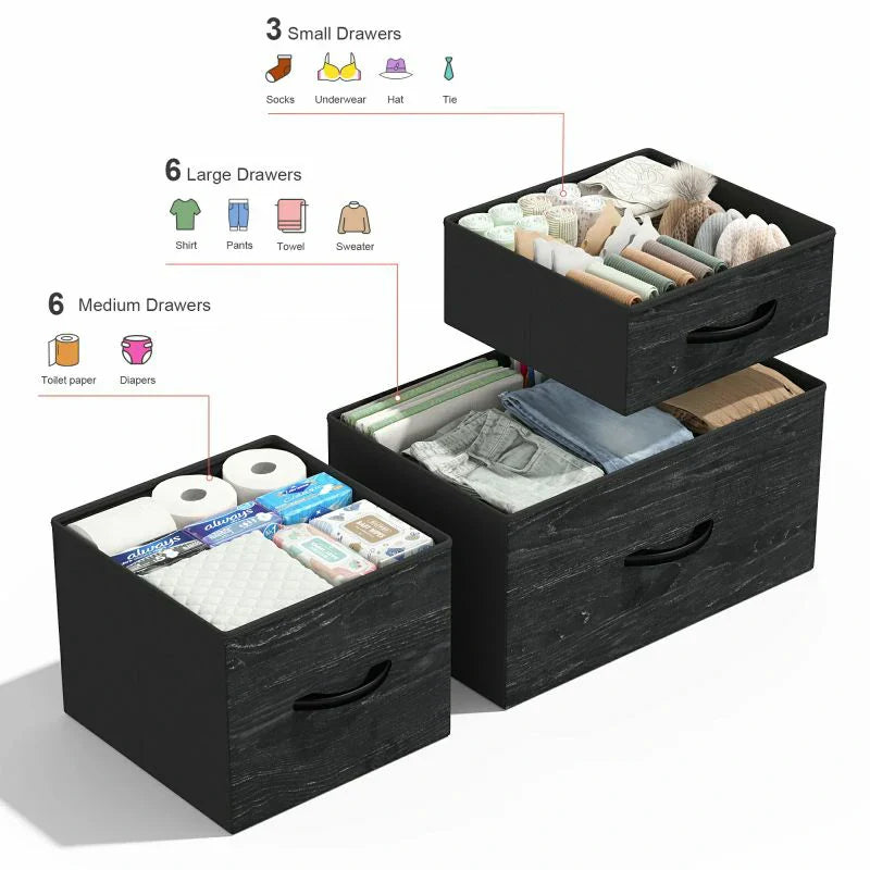 Dresser for Bedroom with 15 Drawers, Sturdy Metal Frame & Wood Top, Top Large Fabric Chest of Drawers, Closet, Livingroom-Furniture > Dresser-37.8"W x 11.8"D x 52.4"H-Black-snhomee