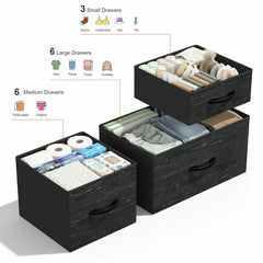 Dresser for Bedroom with 15 Drawers, Sturdy Metal Frame & Wood Top, Top Large Fabric Chest of Drawers, Closet, Livingroom-Furniture > Dresser-37.8"W x 11.8"D x 52.4"H-Black-snhomee