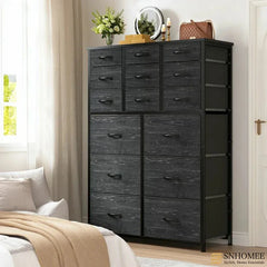 Dresser for Bedroom with 15 Drawers, Sturdy Metal Frame & Wood Top, Top Large Fabric Chest of Drawers, Closet, Livingroom-Furniture > Dresser-37.8"W x 11.8"D x 52.4"H-Black-snhomee