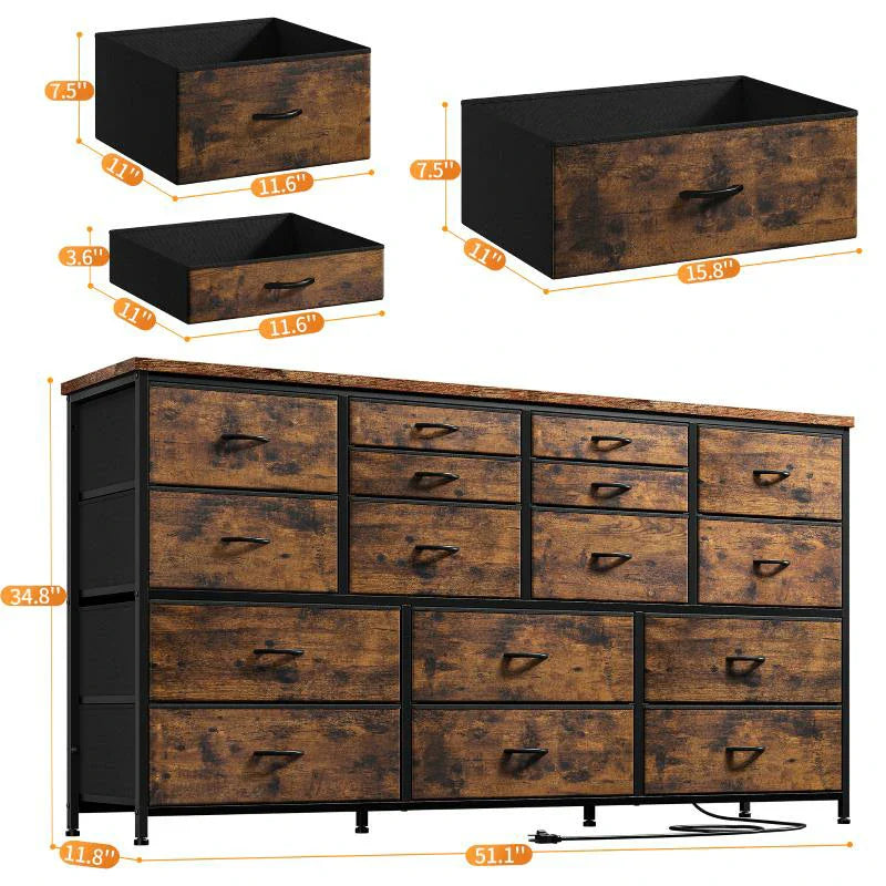 Dresser for Bedroom with Power Outlets, TV Stand with 16 Drawers, Fabric Dressers & Chest of Drawers with Wood Top,Sturdy Metal Frame for Living Room, Closet,Entryway-Dresser TV Stand-Rustic Brown-snhomee
