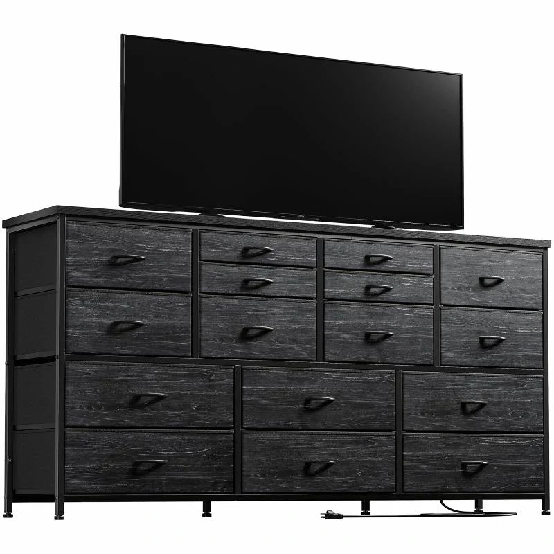 Dresser for Bedroom with Power Outlets, TV Stand with 16 Drawers, Fabric Dressers & Chest of Drawers with Wood Top,Sturdy Metal Frame for Living Room, Closet,Entryway-Dresser TV Stand-Black-snhomee