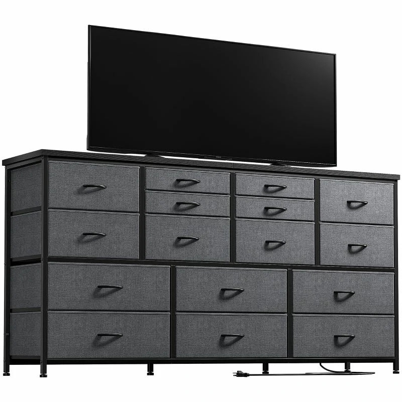Dresser for Bedroom with Power Outlets, TV Stand with 16 Drawers, Fabric Dressers & Chest of Drawers with Wood Top,Sturdy Metal Frame for Living Room, Closet,Entryway-Dresser TV Stand-Grey-snhomee