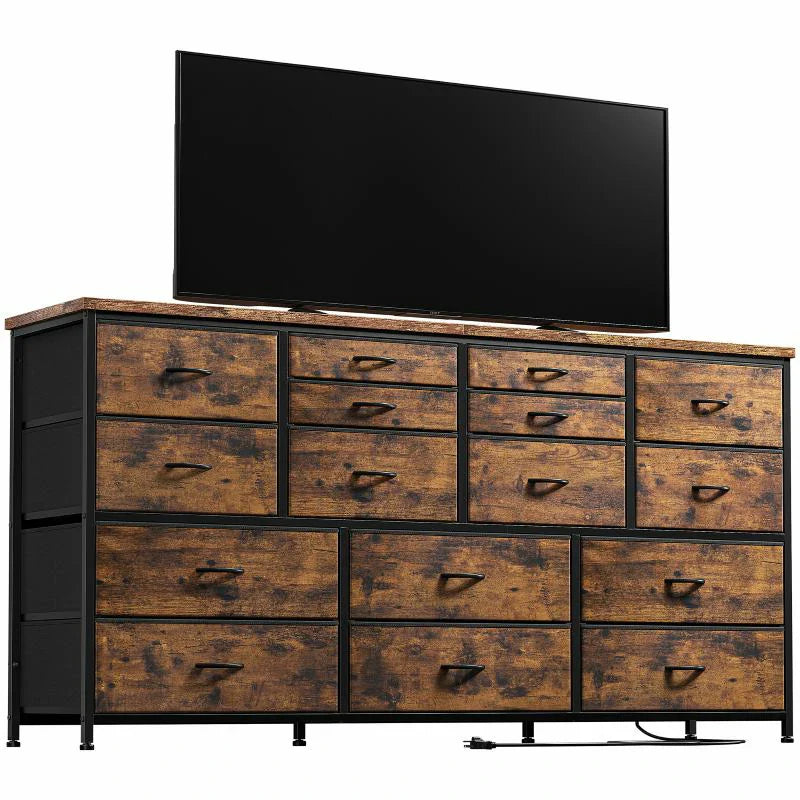 Dresser for Bedroom with Power Outlets, TV Stand with 16 Drawers, Fabric Dressers & Chest of Drawers with Wood Top,Sturdy Metal Frame for Living Room, Closet,Entryway-Dresser TV Stand-Rustic Brown-snhomee