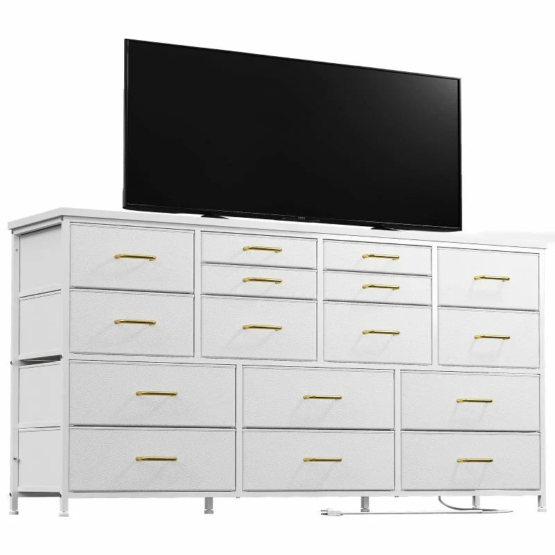Dresser for Bedroom with Power Outlets, TV Stand with 16 Drawers, Fabric Dressers & Chest of Drawers with Wood Top,Sturdy Metal Frame for Living Room, Closet,Entryway-Dresser TV Stand-White-snhomee