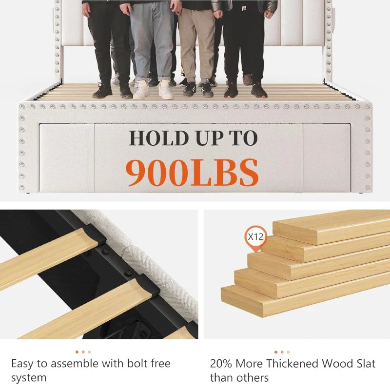 Snhomee Heavy Duty Platform Bed Frame with Storage Drawers - Silent 1200LB Capacity, No Box Spring Needed, Upholstered Headboard