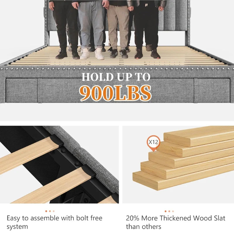 Snhomee Heavy Duty Platform Bed Frame with Storage Drawers - Silent 1200LB Capacity, No Box Spring Needed, Upholstered Headboard