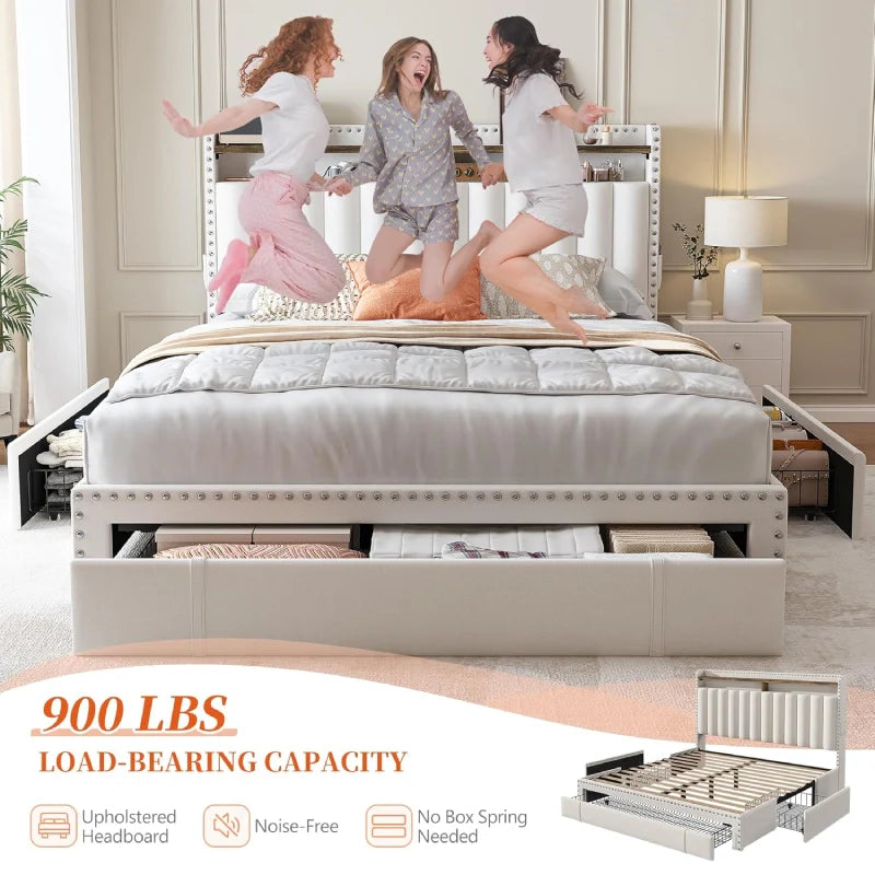 Snhomee Heavy Duty Platform Bed Frame with Storage Drawers - Silent 1200LB Capacity, No Box Spring Needed, Upholstered Headboard