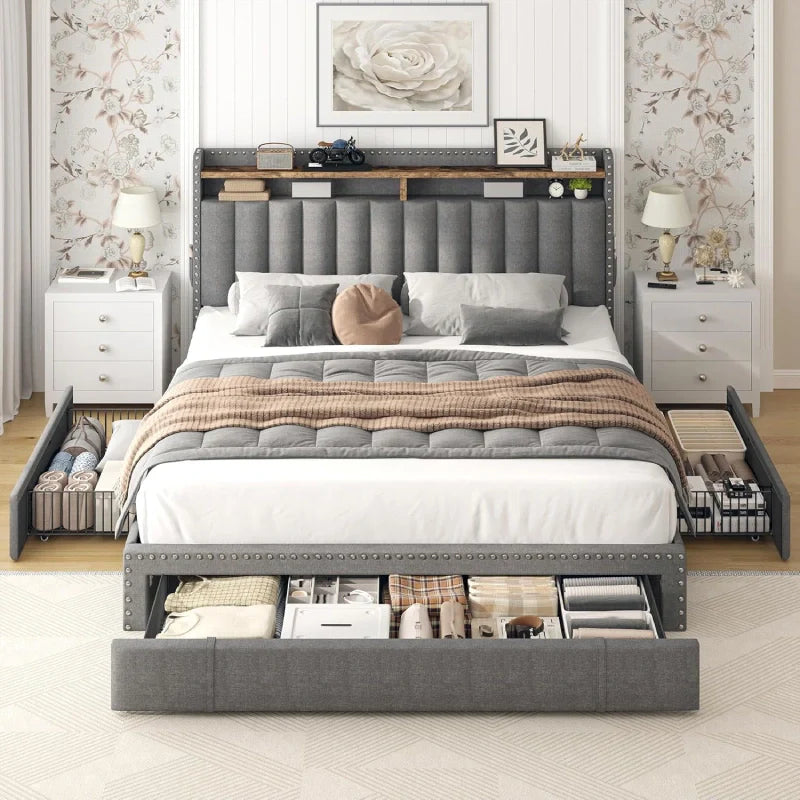 Snhomee Heavy Duty Platform Bed Frame with Storage Drawers - Silent 1200LB Capacity, No Box Spring Needed, Upholstered Headboard