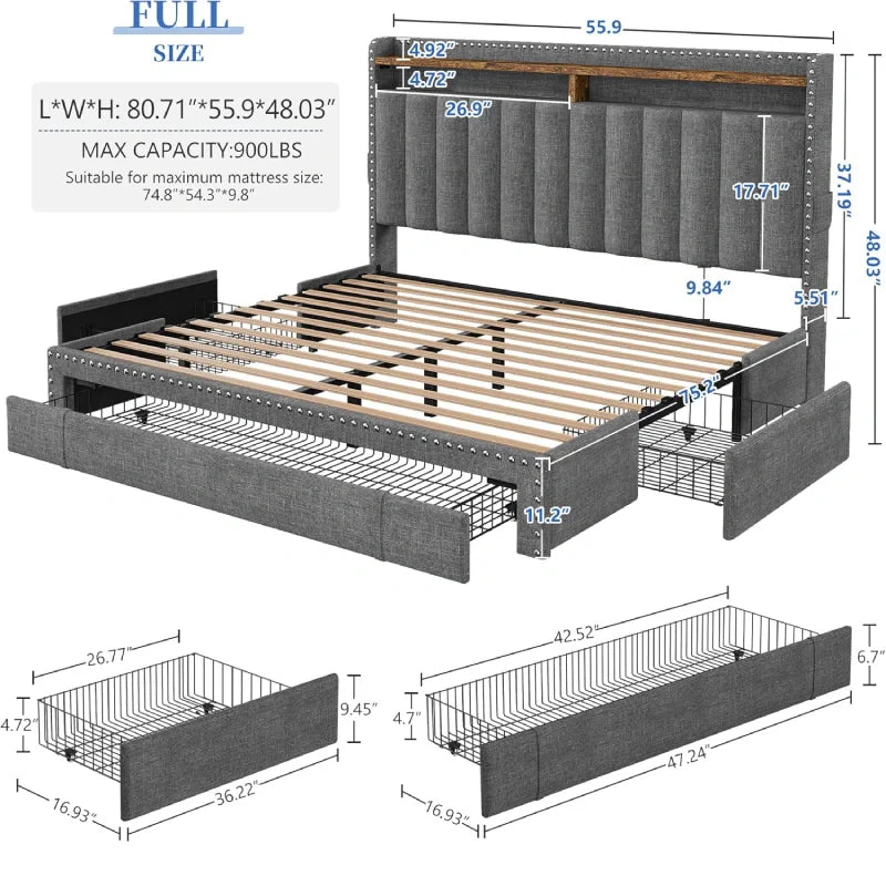 Snhomee Heavy Duty Platform Bed Frame with Storage Drawers - Silent 1200LB Capacity, No Box Spring Needed, Upholstered Headboard