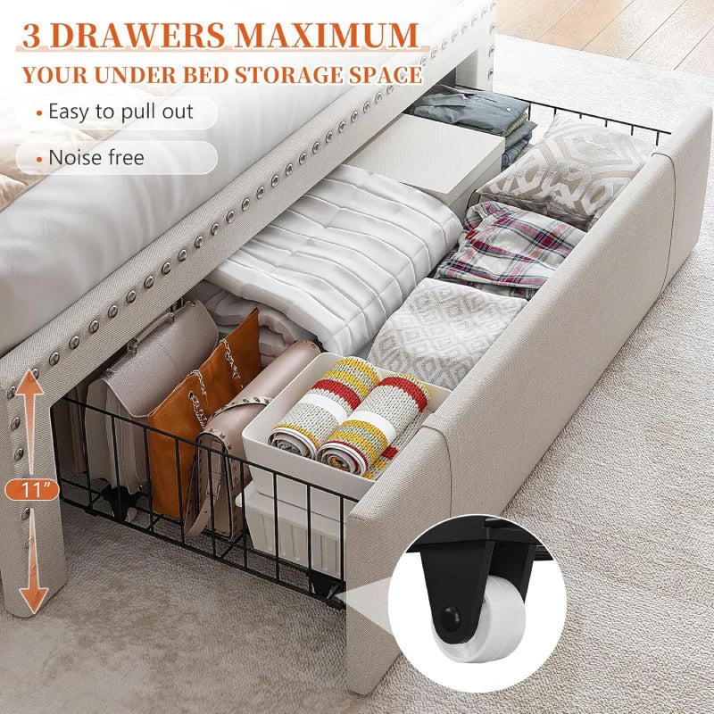 Snhomee Heavy Duty Platform Bed Frame with Storage Drawers - Silent 1200LB Capacity, No Box Spring Needed, Upholstered Headboard