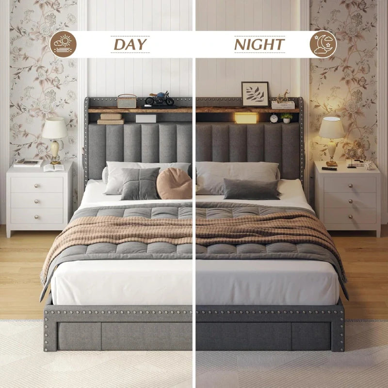 Snhomee Heavy Duty Platform Bed Frame with Storage Drawers - Silent 1200LB Capacity, No Box Spring Needed, Upholstered Headboard