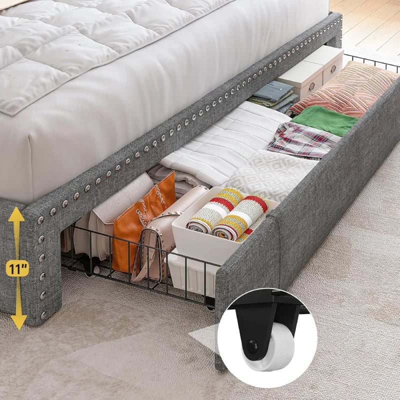 Snhomee Heavy Duty Platform Bed Frame with Storage Drawers - Silent 1200LB Capacity, No Box Spring Needed, Upholstered Headboard