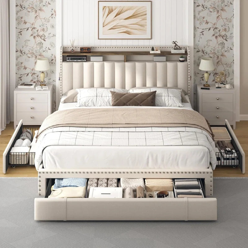 Snhomee Heavy Duty Platform Bed Frame with Storage Drawers - Silent 1200LB Capacity, No Box Spring Needed, Upholstered Headboard