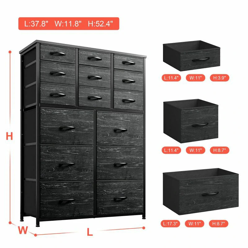 Dresser for Bedroom with 15 Drawers, Sturdy Metal Frame & Wood Top, Top Large Fabric Chest of Drawers, Closet, Livingroom-Furniture > Dresser-37.8"W x 11.8"D x 52.4"H-Black-snhomee
