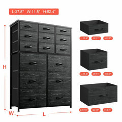 Dresser for Bedroom with 15 Drawers, Sturdy Metal Frame & Wood Top, Top Large Fabric Chest of Drawers, Closet, Livingroom-Furniture > Dresser-37.8"W x 11.8"D x 52.4"H-Black-snhomee