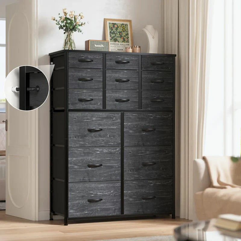 Dresser for Bedroom with 15 Drawers, Sturdy Metal Frame & Wood Top, Top Large Fabric Chest of Drawers, Closet, Livingroom-Furniture > Dresser-37.8"W x 11.8"D x 52.4"H-Black-snhomee