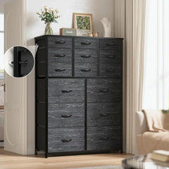 Dresser for Bedroom with 15 Drawers, Sturdy Metal Frame & Wood Top, Top Large Fabric Chest of Drawers, Closet, Livingroom-Furniture > Dresser-37.8"W x 11.8"D x 52.4"H-Black-snhomee