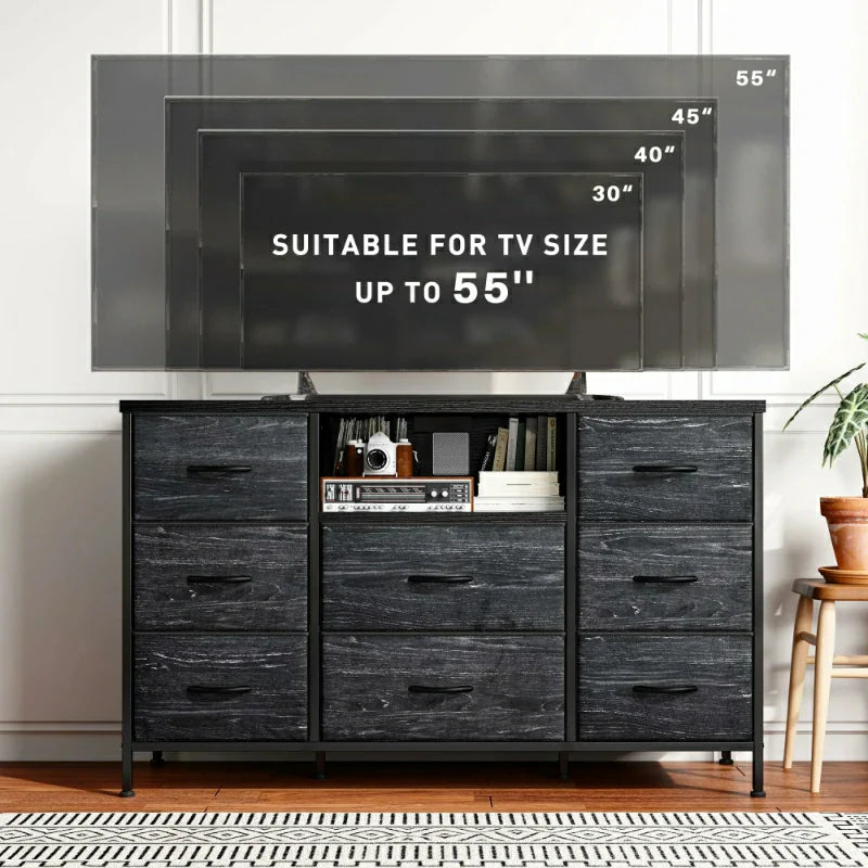 Raybee Wide Dresser TV Stand with 8 Drawers-Furniture > Console Table-39.4" L x 11.8" W x29.7" H-Black-snhomee
