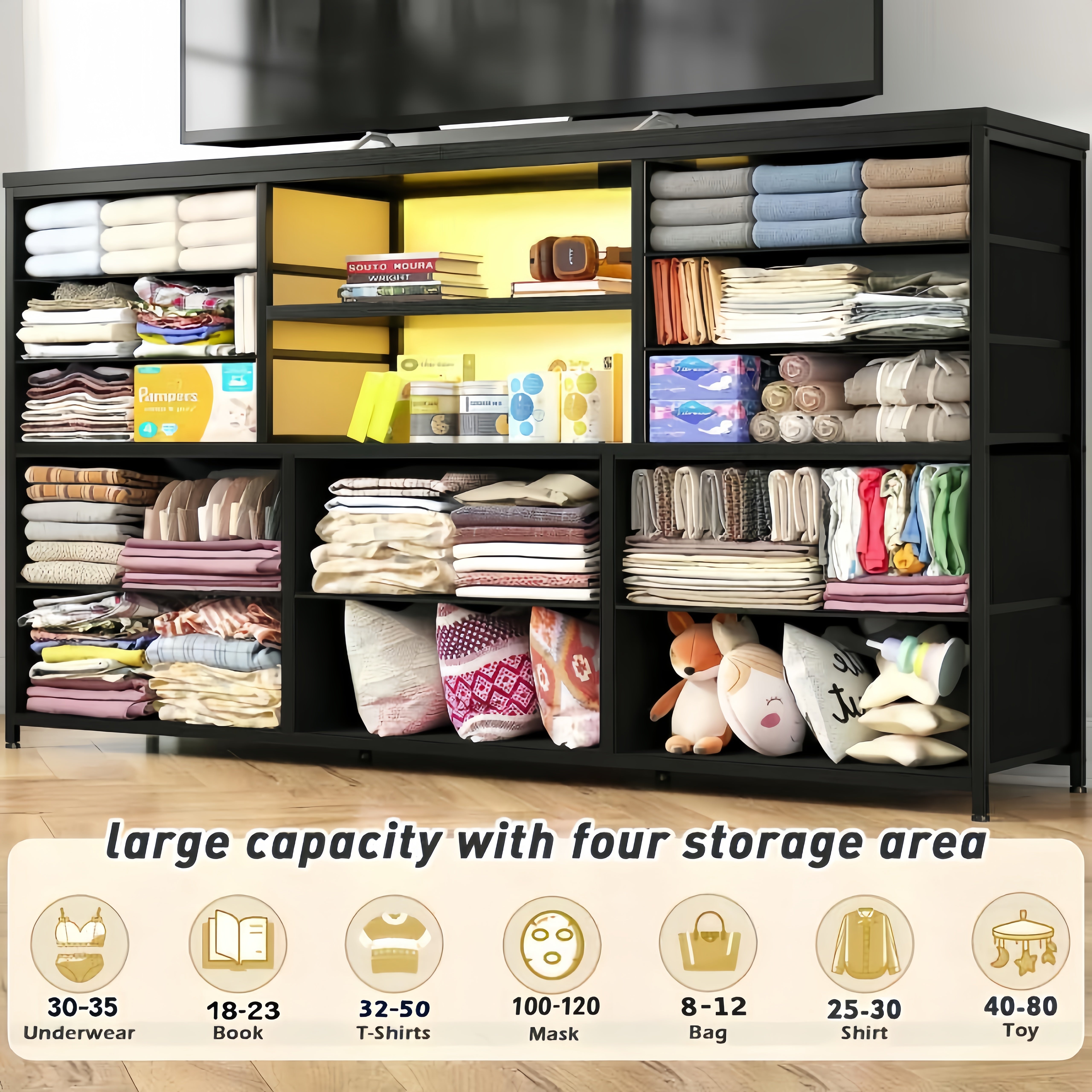 55 Inch TV Stand with 12 Drawers - Modern Bedroom TV Dresser, Heavy-Duty Storage Cabinet for Living Room, Espresso Brown Finish-Dresser TV Stand-49.2''L*11.8W''*35.4''H-Black-snhomee