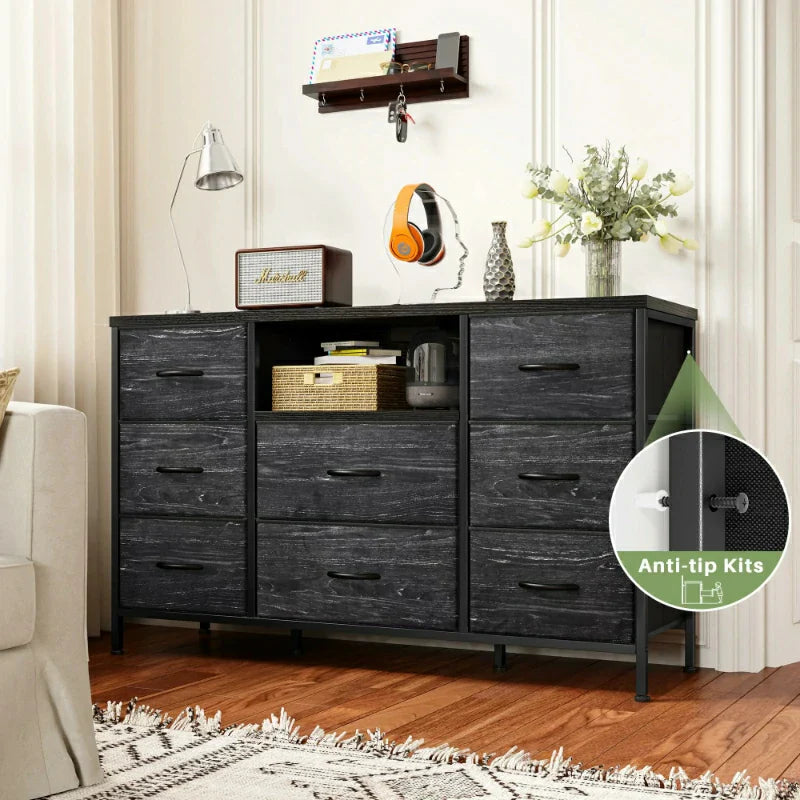 Raybee Wide Dresser TV Stand with 8 Drawers-Furniture > Console Table-39.4" L x 11.8" W x29.7" H-Black-snhomee